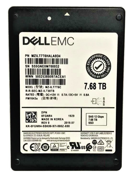 349054.jpg Refurbished | Samsung PM1643a MZILT7T6HALAAD4 Read Intensive SSD 7.68 TB SAS 12Gb/s DELL OEM Refurbished - Image 1