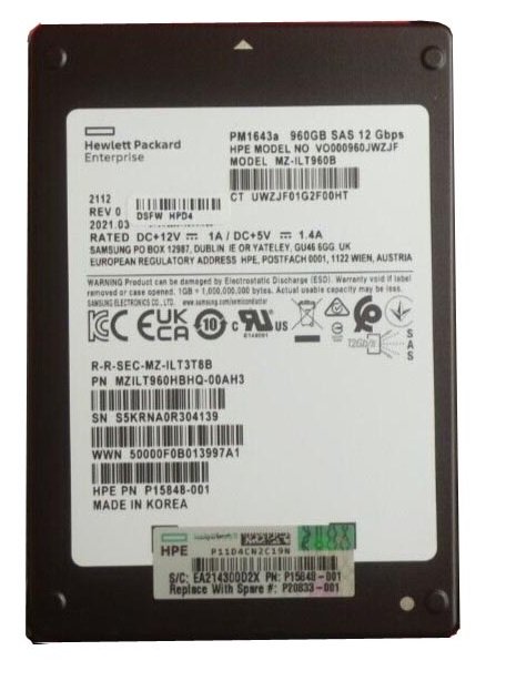 349793.jpg Refurbished | Samsung PM1643a MZILT960HBHQ-00AH3 SSD 960 GB SAS 12Gb/s HPE OEM Refurbished - Image 1