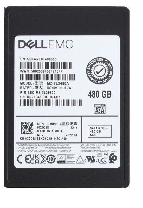 365034.jpg Refurbished | Samsung PM893 MZ-7L3480A Mixed Use SSD 480 GB SATA 6Gb/s DELL OEM Refurbished - Image 1