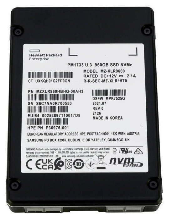 381296.jpg Refurbished | Samsung PM1733 MZ-XLR9600 Read Intensive SSD 960 GB PCIe 4.0x4 (NVMe) HPE OEM Refurbished - Image 1